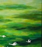Original Green Acrylic Landscape Painting with Birds on Canvas, 40.6cm x 50cm - Image 2