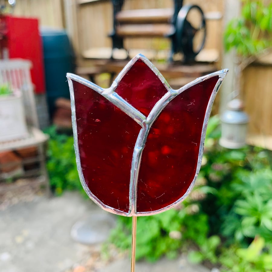 Stained  Glass Tulip Stake Small - Handmade Plant Pot Dec -  Red