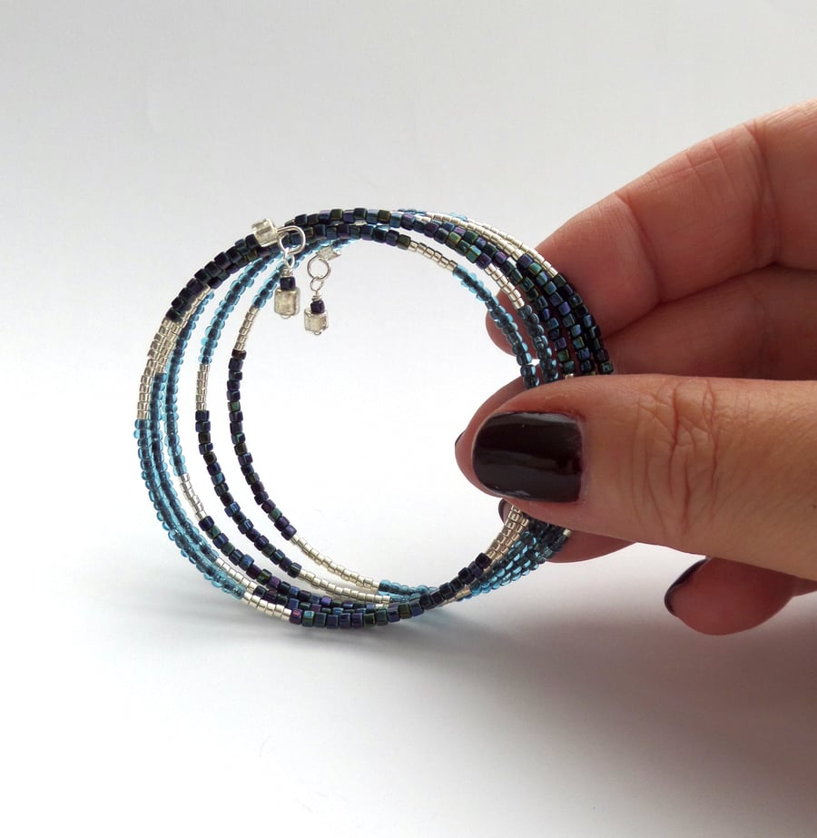 Teal and Silver Modern, Dainty Memory Bangle
