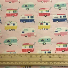 Fat Quarter I'd Rather Be Glamping Pink Caravans 100% Cotton Quilting Fabric