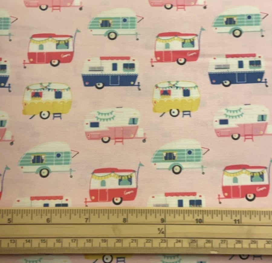 Fat Quarter I'd Rather Be Glamping Pink Caravans 100% Cotton Quilting Fabric