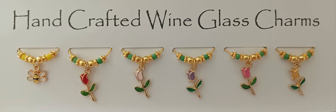 Rose Flowers and Bee Wine Glass Charms set of 6