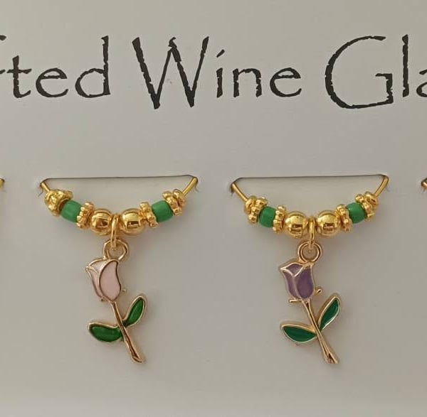 Rose Flowers and Bee Wine Glass Charms set of 6