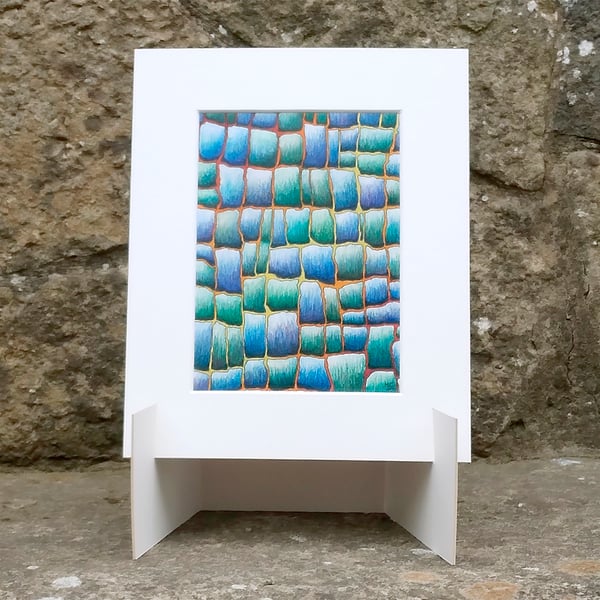 Blue Green Mosaic Small Original Coloured Pencil Abstract Drawing 