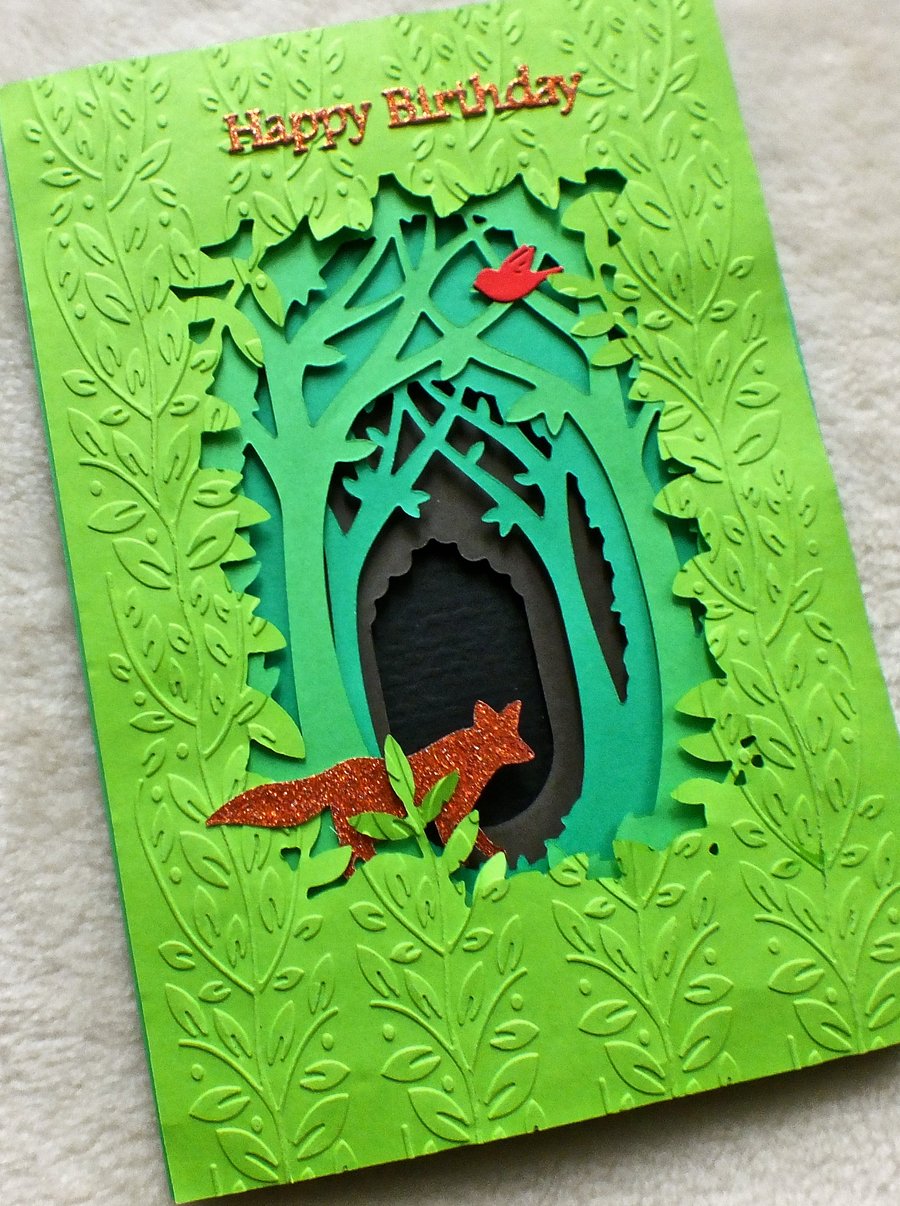 Fox, Enchanted Forest Scene, Handmade Birthday Card