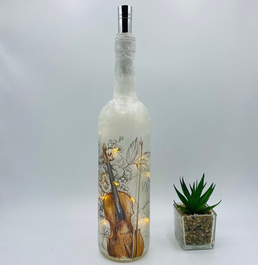 Decoupage bottle light, violin, music theme