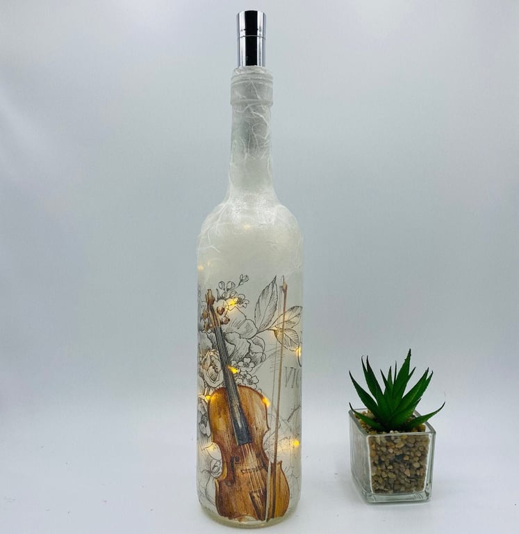Decoupage bottle light, violin, music theme