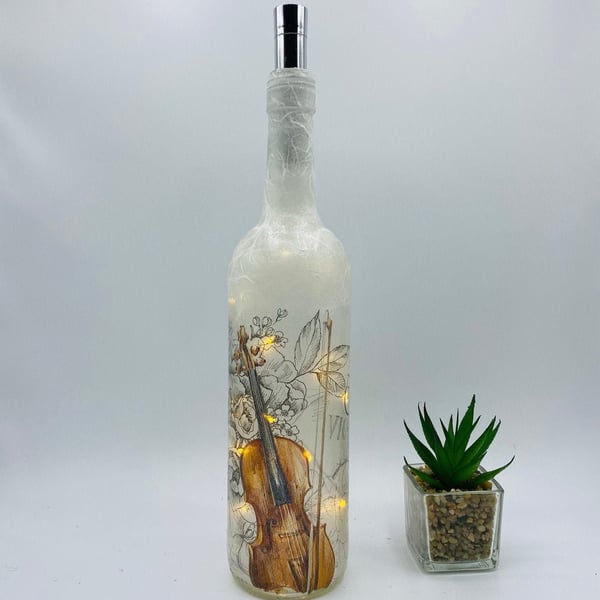 Decoupage bottle light, violin, music theme