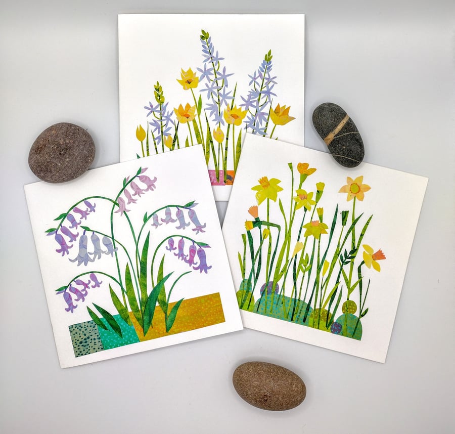 Floral greetings cards, Camassia & Tulip, Bluebell and Daffodil, blank inside