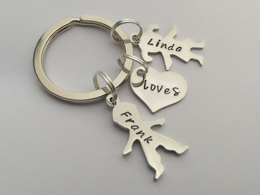 Hand Stamped personalised couples figire silhouette name keyring