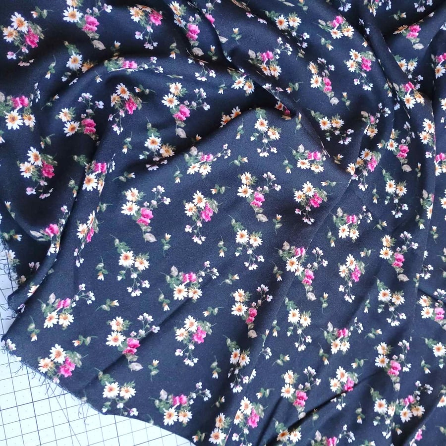 2m Viscose dressmaking fabric - black, pink and white floral print 