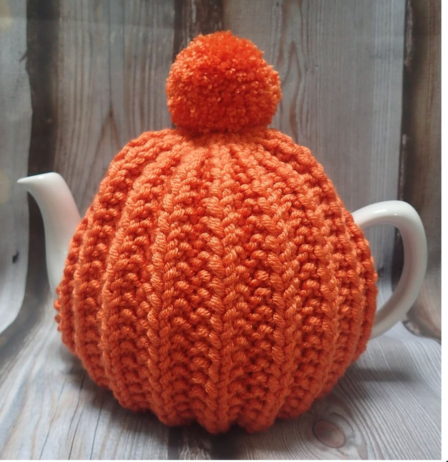 Hand Knitted Ribbed Tea Cosy & Pom Pom 4-6 Cup Teapot Custon Order Choose Colour