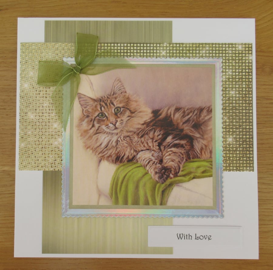 Relaxing Cat - 7x7" With Love Card - Green