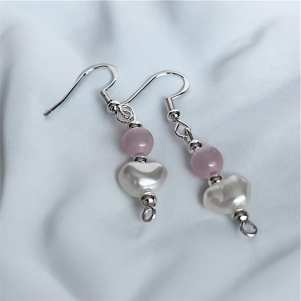 Pink Chalcedony Gemstone & Pearl Sterling Silver Dangle Earrings