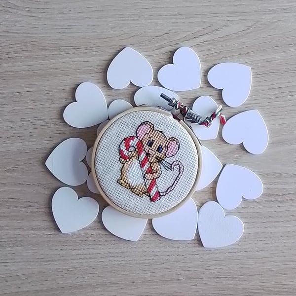 Christmas Tree Decoration, Mouse with Candy Cane, Cross Stitch