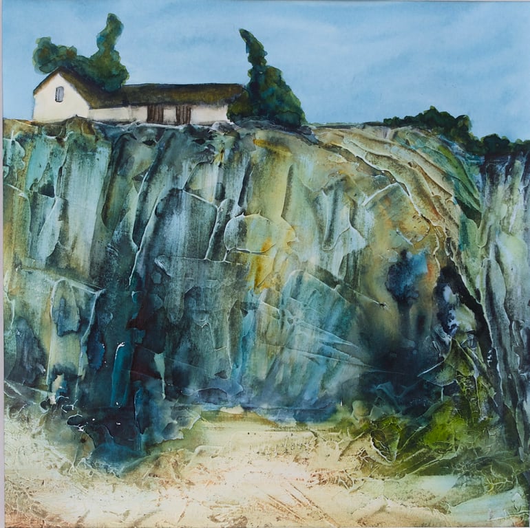 The old Thatched Barn. Giclee print of Original Mixed Media Art. Seaside Scene,