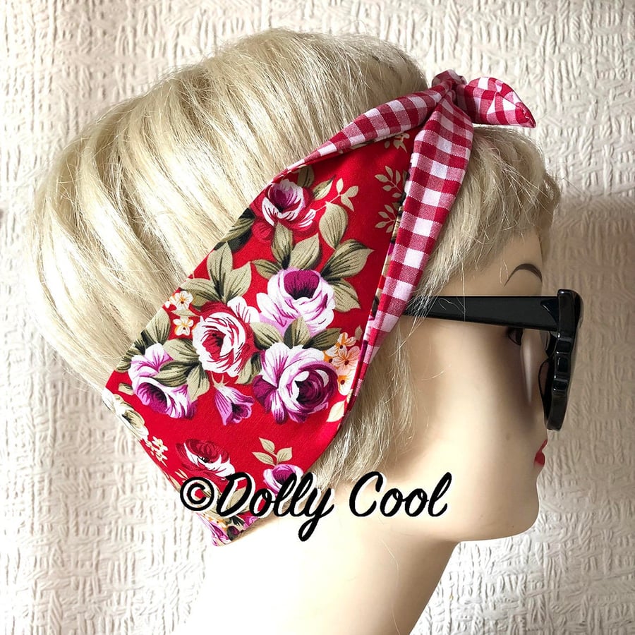 Red Rose Hair Tie - Shabby Chic - Rockabilly Head Scarf by Dolly Cool - Ditsy Te