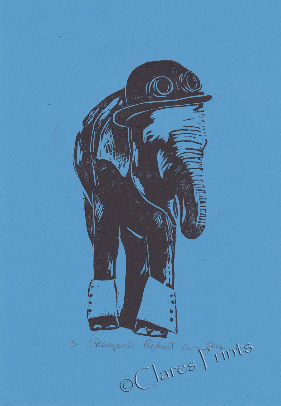 Steampunk Elephant Open Edition Hand-Pulled Linocut Print Blue