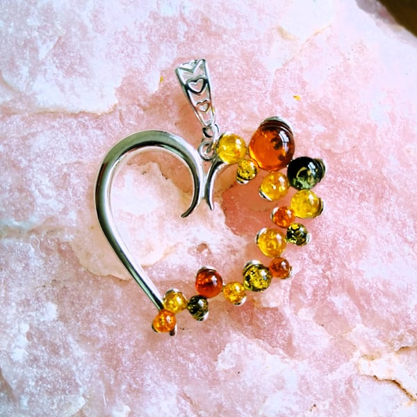 Genuine Baltic Amber Multicoloured 925 Sterling Silver Large Heart Pendant