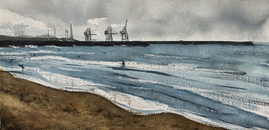 Surfing at Aberavon – original watercolour, unframed