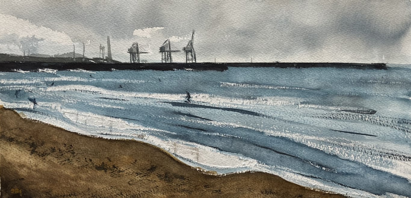 Surfing at Aberavon – original watercolour, unframed