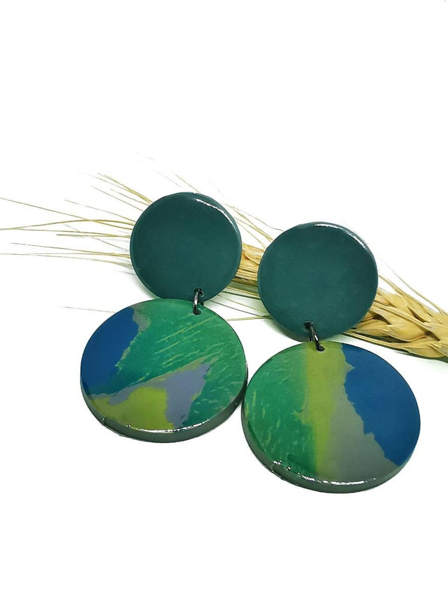 SALE - Green light clay earrings, resin jewellery, hypoallergenic steel