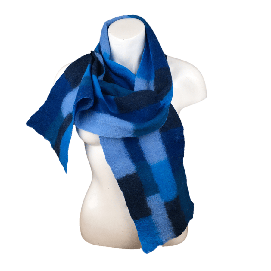 Merino wool felted patchwork scarf in shades of blue