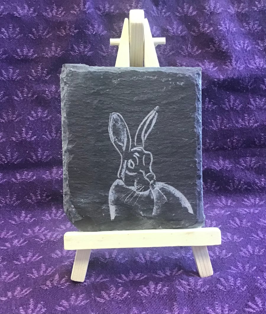 A Watchful Hare  - original art hand carved on slate