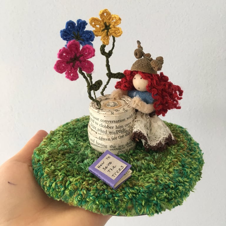 Fairy Tree Stump And Crochet Flowers Miniature Scene, Fairy Core Home Decoration