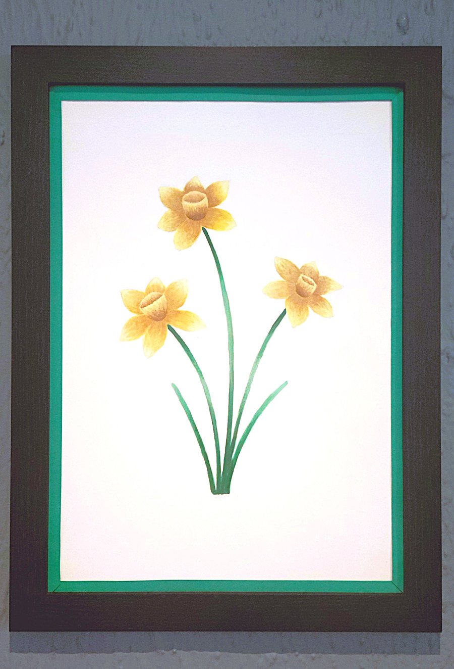 A3 Size Framed Print Painting Daffodils Flowers Colourful Dark Green Border