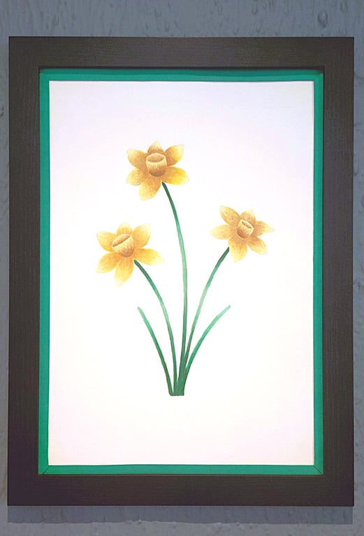 A3 Size Framed Print Painting Daffodils Flowers Colourful Dark Green Border