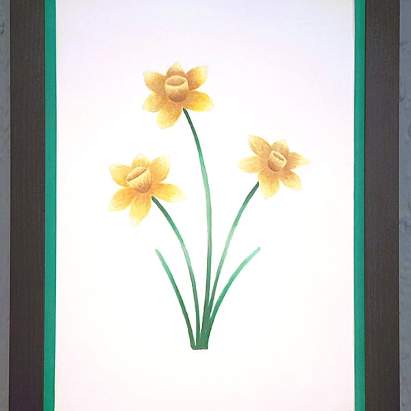 A3 Size Framed Print Painting Daffodils Flowers Colourful Dark Green Border