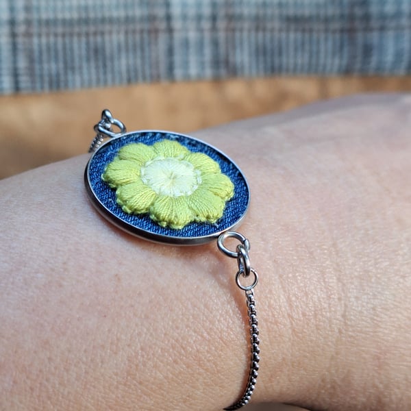 Boho Daisy Bezel Bracelet (Olive Green & White) on Denim with Adjustable Chain