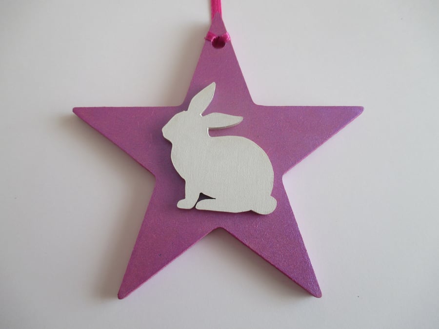 Bunny Rabbit Christmas Tree Bauble Decoration Wood Wooden Glittery Hanging