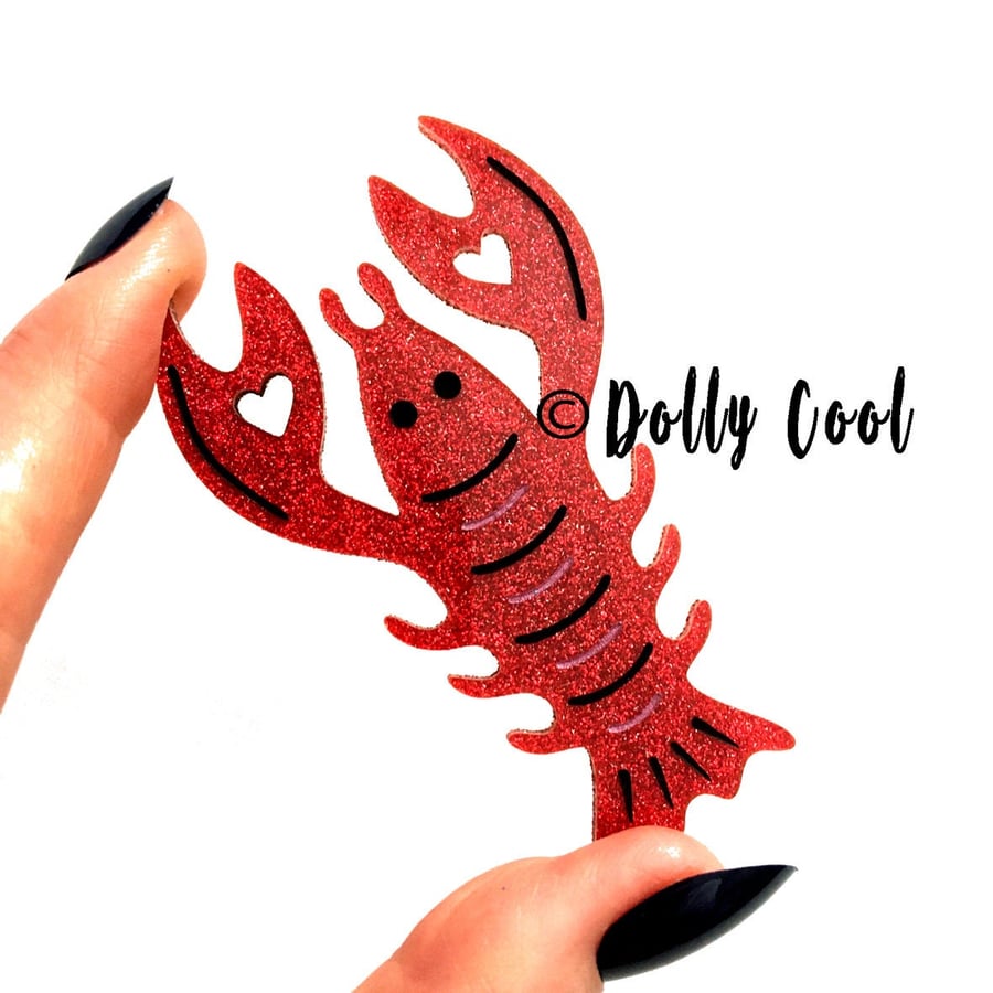 Lobster Acrylic Brooch by Dolly Cool - Red Sparkle - Vintage Style Novelty Brooc