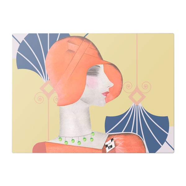 Art Deco Style Woman with Green Fruit Necklace Glass Chopping Board