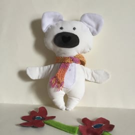 Scarfed Polar Bear, Handmade Plushie Polar Bear with Knitted Scarf, Nursery
