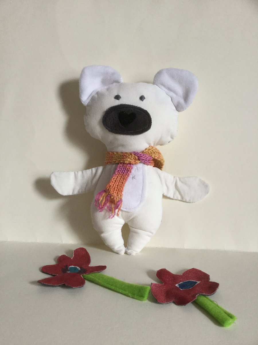 Scarfed Polar Bear, Handmade Plushie Polar Bear with Knitted Scarf, Nursery