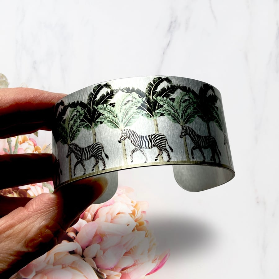 SALE zebra wide cuff bracelet, safari animals bangle.  Perfectly imperfect