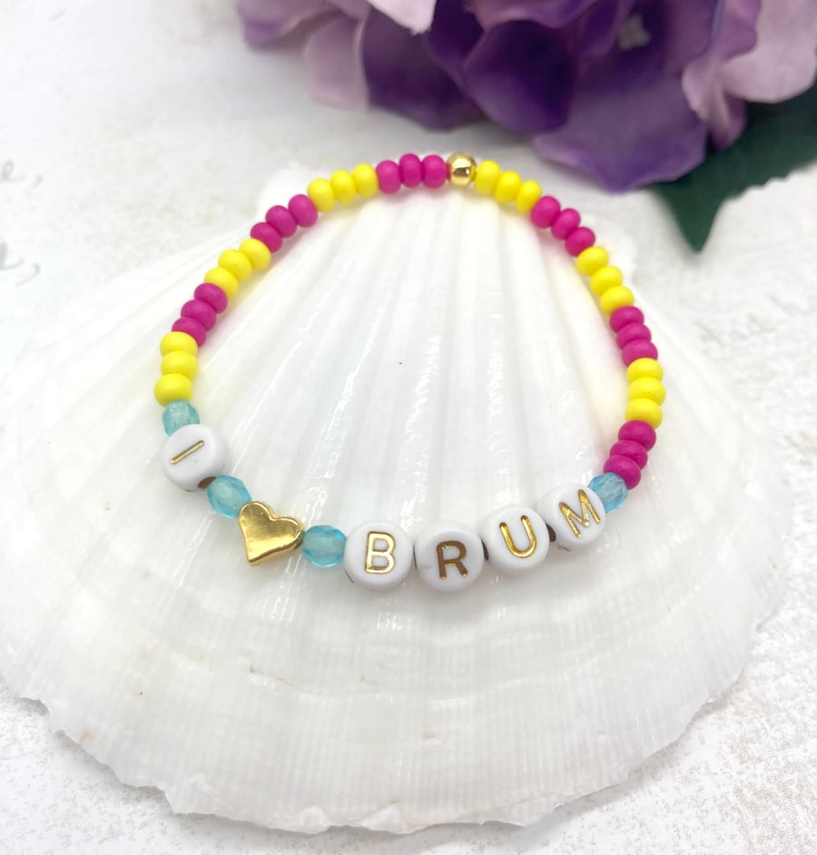 I love Brum stretchy bracelet hot pink, yellow and aqua - MADE TO ORDER