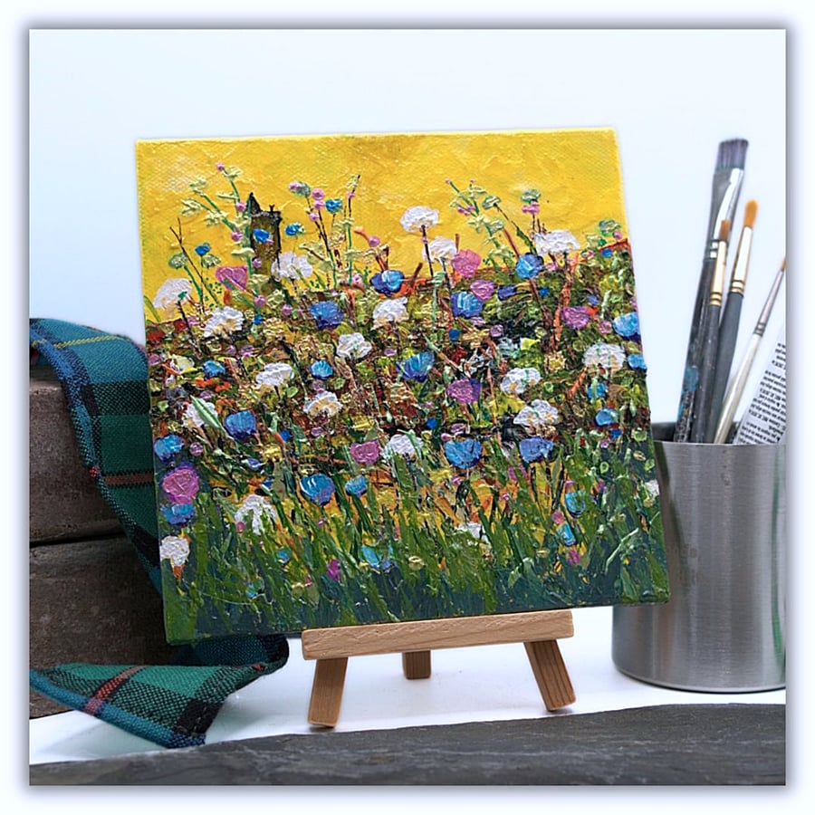 Original Scottish landscape painting - Airlie Monument - wildflowers - easel
