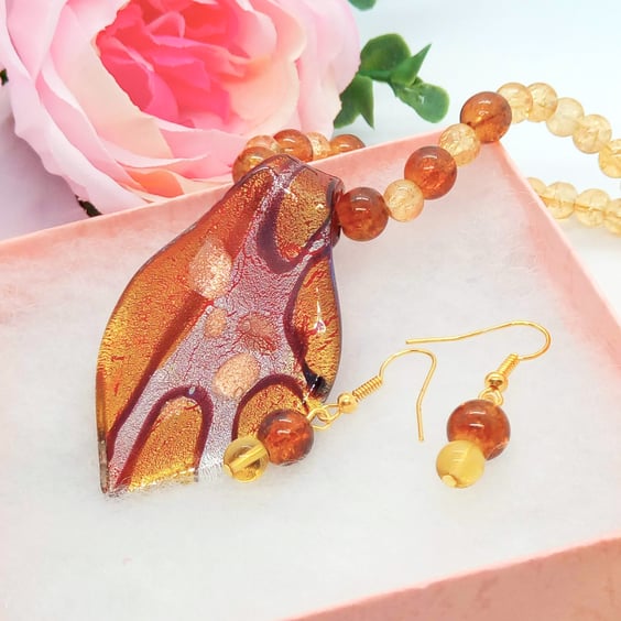 Amber Glass Pendant on An Amber Beaded Necklace and Earrings, Gift for Her