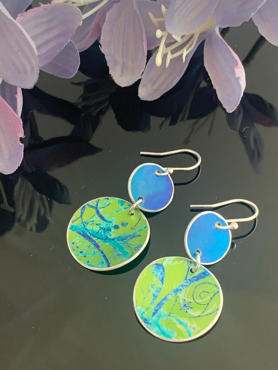 Water colour collection - hand painted aluminium earrings blue and lime