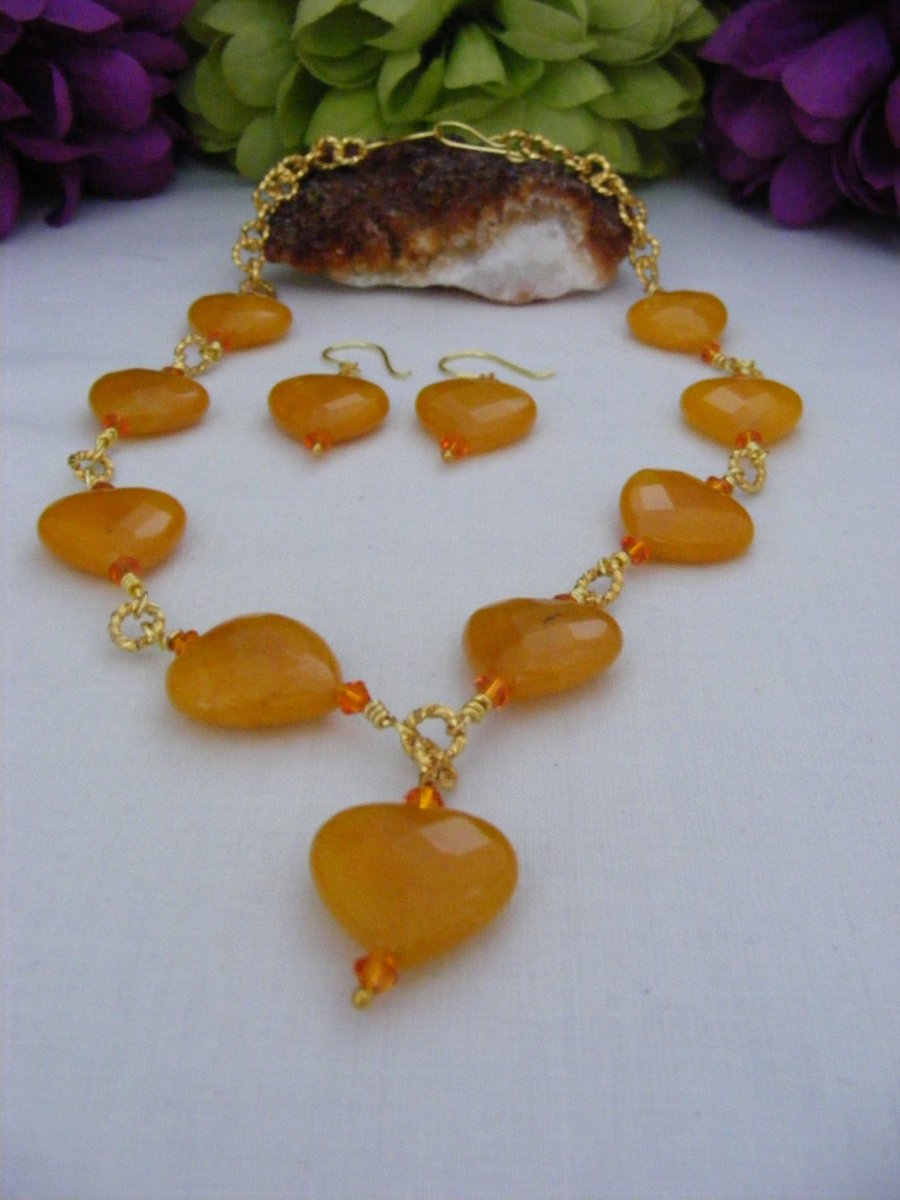 Yellow Quartzite Heart Jewellery Set