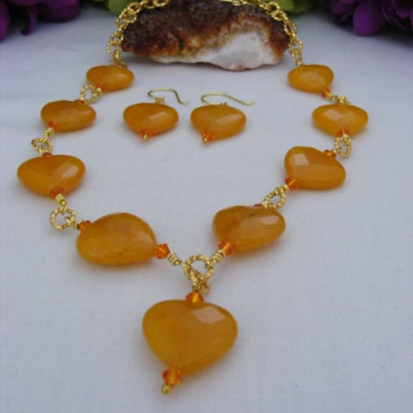 Yellow Quartzite Heart Jewellery Set