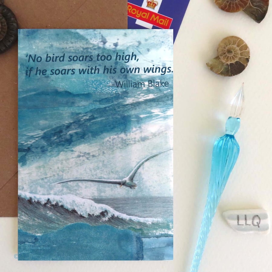 Inspirational quote blank greeting card William Blake bird soars plastic free