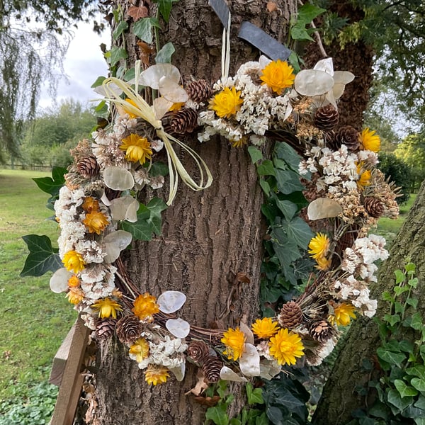 Dried Flower wreath - yellow and white colours for Autumn gift