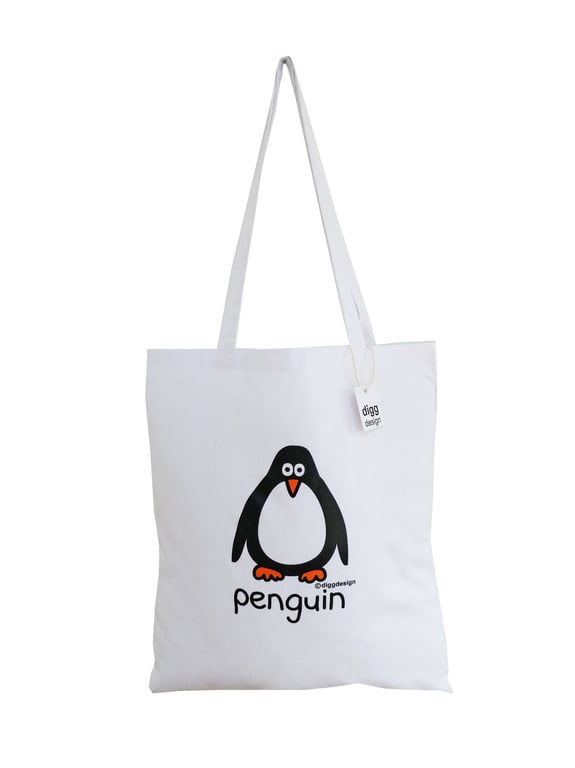 Digg Design PENGUIN cotton Tote Bag. White