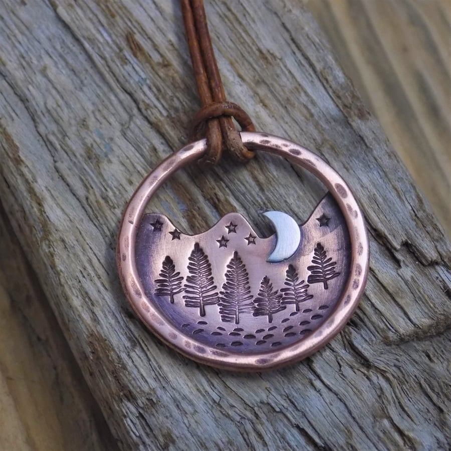 Copper and silver alpine forest pendant 