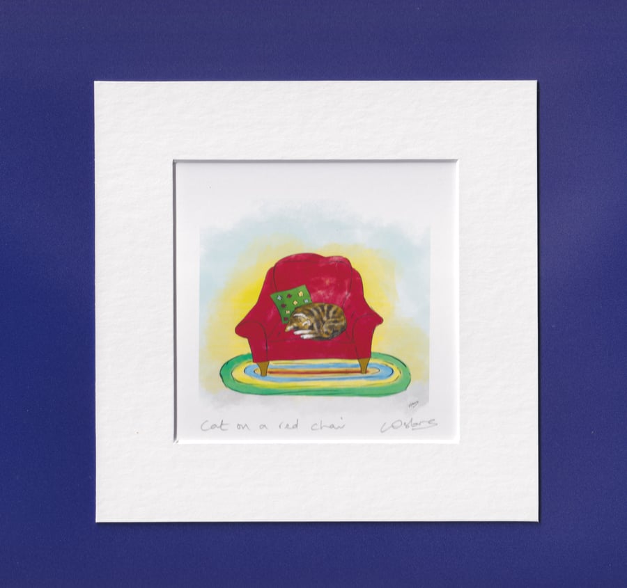Cat on a red chair - print from illustration of a cat